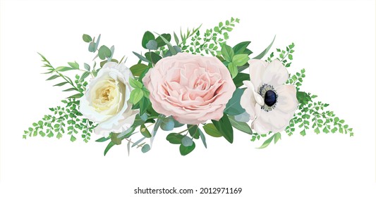 Elegant floral bouquet vector art illustration. Tender white anemone, blush pink quartz and light yellow rose flowers, forest fern leaves and eucalyptus branches. Wedding  invite card designer element