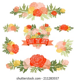 Elegant floral bouquets, design elements. Floral compositions can be used for wedding, baby shower, mothers day, valentines day cards, invitations. Vintage decorative flowers. 