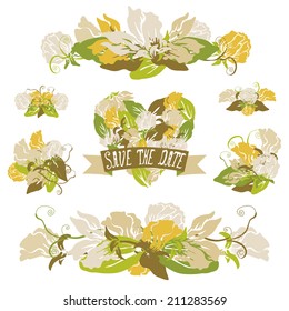Elegant floral bouquets, design elements. Floral compositions can be used for wedding, baby shower, mothers day, valentines day cards, invitations. Vintage decorative flowers. 