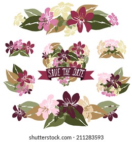 Elegant floral bouquets, design elements. Floral compositions can be used for wedding, baby shower, mothers day, valentines day cards, invitations. Vintage decorative flowers. 