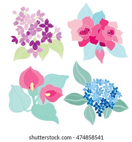 Elegant floral bouquets, design elements. Floral compositions can be used for wedding, baby shower, mothers day, valentines day cards, invitations. Vintage decorative flowers