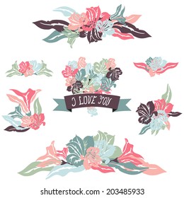 Elegant floral bouquets with lily flowers, design elements. Floral compositions can be used for wedding, baby shower, mothers day, valentines day cards, invitations. Vintage decorative flowers.