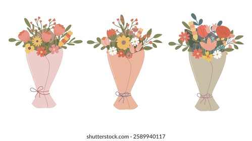 Elegant floral bouquets in pastel wrapping, featuring wildflowers and greenery. Perfect for invitations For March 8, Mother's Day, greeting card	
