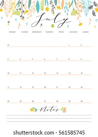 Elegant floral bright print ready calendar. July month colorful calendar or planner with space for notes.