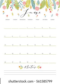 Elegant floral bright print ready calendar. June month green calendar or planner with space for notes.