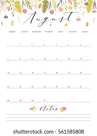 Elegant floral bright print ready calendar. August month colorful calendar or planner with space for notes.