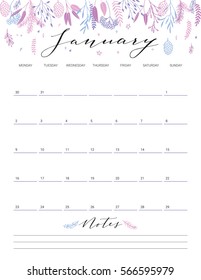 Elegant floral bright print ready calendar. January month purple calendar or planner with space for notes.