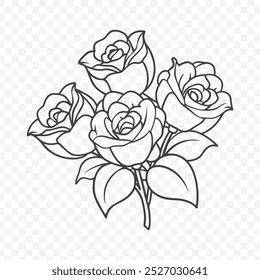 Elegant Floral Bunch Featuring Detailed Rose Line Art Vector Illustration for Artistic and Decorative Design