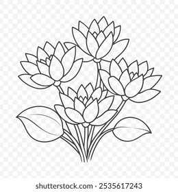 Elegant Floral Bunch Featuring Water Lily in Intricate Line Art Vector Illustration