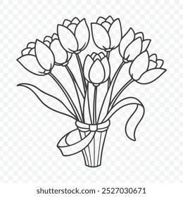 Elegant Floral Bunch with Tulip Line Art Vector Illustration in Detailed Design