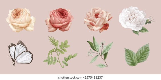 Elegant floral and butterfly illustrations. Roses and leaves in soft colors. Delicate flowers and butterfly art. Nature-inspired floral designs. Spring illustrations, vector set.