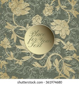 Elegant Floral card with Golden silhouettes of flowers on green textured flourish background