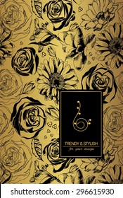 Elegant floral card with lace ornament and place for text. Floral elements on gold background. Vector illustration. 