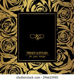 Elegant floral card with roses and place for text. Flowers on gold background. Vector illustration. 