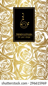Elegant floral card with roses and place for text. Flowers on gold background. Vector illustration. 