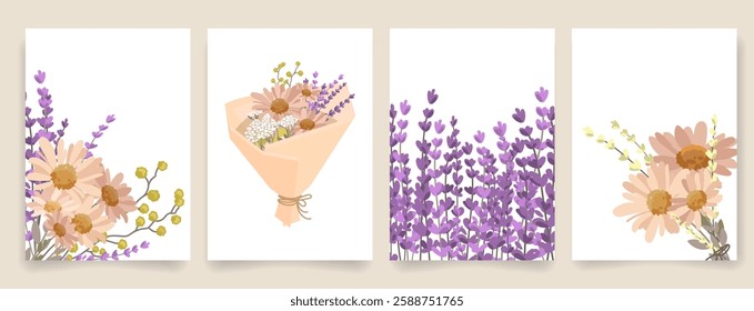 Elegant floral cards with different flowers,delicate botanical elements. Spring summer design highlights nature inspired beauty,greeting cards, Mother's Day cards, March 8, Birthday,invitations.Vector