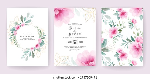 Elegantes cartas florales. Plantilla de invitación de bodas con borde de flores y patrón para guardar la fecha, saludo, afiche y diseño de portada