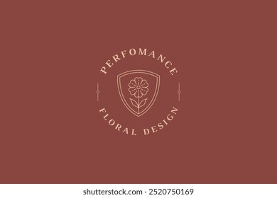 Elegant floral chamomile in shield circle line art logo design template vector illustration. Beautiful organic flower linear logotype for beauty spa salon skin care wellness cosmetic brand