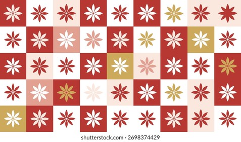 Elegant floral checkerboard pattern featuring stylized eight-petal flowers in festive red, white, gold, and pink colors.