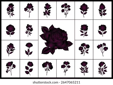 Elegant Floral Collage Showcasing Dark Purple Silhouettes of Various Flower Species Against a Clean White Backdrop The Arrangement Creates a Visually Appealing Pattern Suitable for Decoration