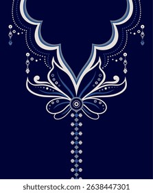 Elegant floral collar motif in Indigo Twilight tones with ethnic and ornamental accents. Ideal for fashion embroidery, textile prints, and folk-inspired apparel design.