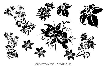 Elegant floral collection with stylized lilies and blossoms in stark black and white, perfect for decorative elements and botanical-inspired designs featuring graceful flower arrangements