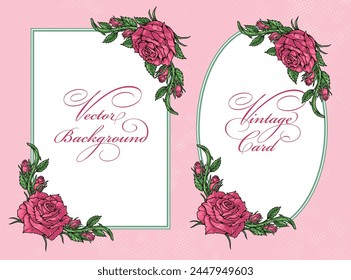 Elegant floral colorful set frames templates with beautiful roses and white background for inserting photos of lovers vector illustration