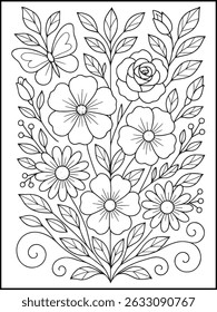 Elegant Floral Coloring Page for Adults. Intricate Line Art for Stress Relief and Relaxation