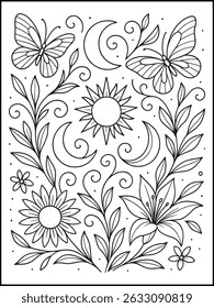 Elegant Floral Coloring Page for Adults. Intricate Line Art for Stress Relief and Relaxation
