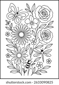 Elegant Floral Coloring Page for Adults. Intricate Line Art for Stress Relief and Relaxation
