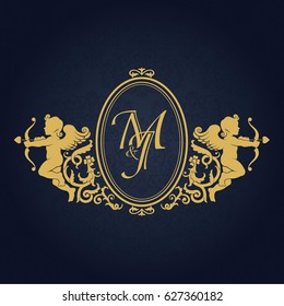 Elegant floral contour monogram design template with cupids for one or two letters. Wedding monogram. Business sign, monogram identity for restaurant, boutique, hotel, heraldic, jewelry.