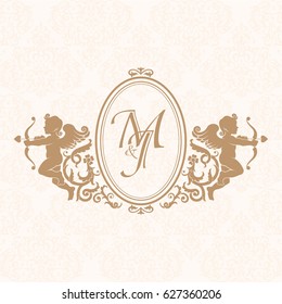 Elegant floral contour monogram design template with cupids for one or two letters. Wedding monogram. Business sign, monogram identity for restaurant, boutique, hotel, heraldic, jewelry.