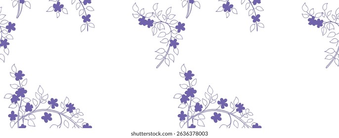 Elegant floral corner border with purple flowers and delicate line leaves. Seamless botanical pattern for wedding invitations, stationery, or decorative backgrounds. Soft and artistic vector design.