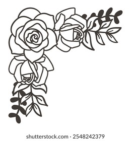 Elegante diseño floral de la esquina, Clipart floral blanco y negro, elemento de diseño de línea de ramo de flores, Ilustración vectorial.