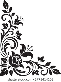 Elegant floral corner design featuring rose flower and swirling vines black silhouette isolated on white background art.