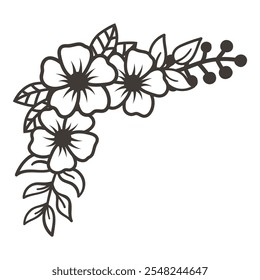 Elegante diseño de esquina floral, elemento de diseño de línea de ramo de flores. Ilustración vectorial en blanco y negro.