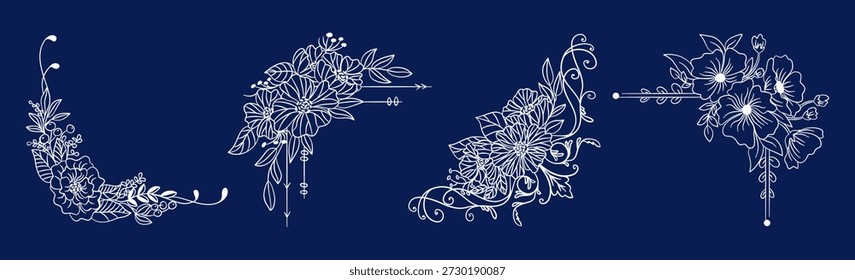 Quadro de canto floral elegante e vetor de arte de linha de borda