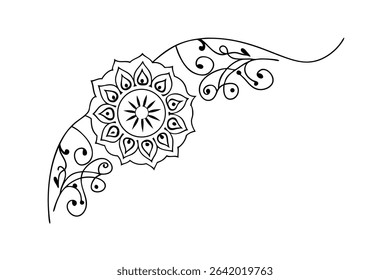 Elegant floral corner ornament design with mandala and decorative swirls in black and white