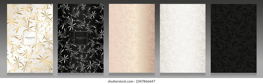 Elegant floral cover set. Minimal flowers composition, metallic and glossy effect. Golden, silver, black, pink and platinum background. Botanical pattern for luxury modern invitation, card, packaging.