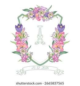 Elegant floral crest with monogram and date isolated on white background
