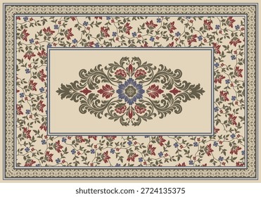 Elegant floral damask pattern with classic ornamental border, detailed botanical motifs, and vintage European style.