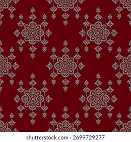 Elegante padrão de damasco floral com motivos cinzas intrincados sobre fundo vermelho profundo, criando design decorativo clássico e sofisticado