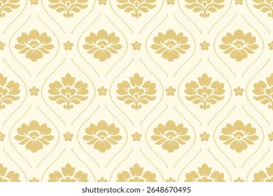 Elegantes florales Damast-Muster mit nahtlosem beigem Zierdesign für traditionelle Stoffe, Tapeten, textile Hintergründe, abstrakte Illustrationen und dekorative Texturen.