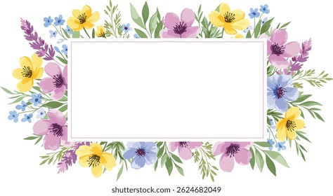 Elegant Floral decoration frame and bouquet with watercolor pink flowers and green leaves