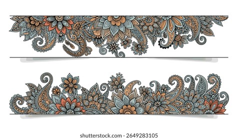 Bordas decorativas florais elegantes com intrincado Paisley e motivos de folha em tons terrosos