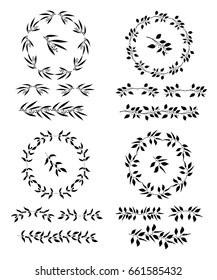 Elegant floral decorative elements set with branches and leaves isolated on white. Vector illustration