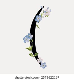 Elegant floral design with blue and white flowers on a black curved line. Delicate flowers and leaves create a graceful floral pattern. Minimalist floral art. Vintage floral font vector.