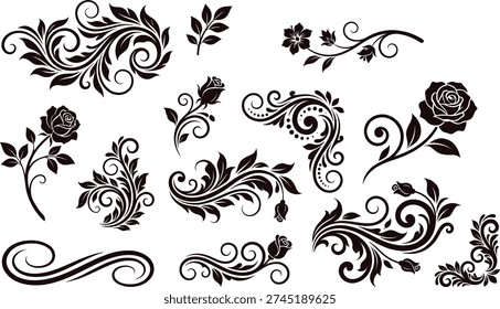 Elegant floral design elements with roses and leaves on white background