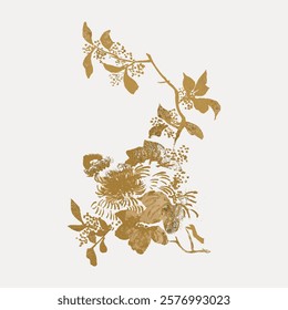 Elegant floral design with gold flowers and leaves. The floral pattern features intricate gold detailing. Perfect for floral-themed decor or designs. Vintage art drawing, isolated vector element.