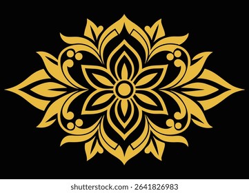 Elegant Floral Design in Gold Tones A Symmetrical Ornamental Pattern with Stylized Leaves and Swirls Radiating from a Central Point